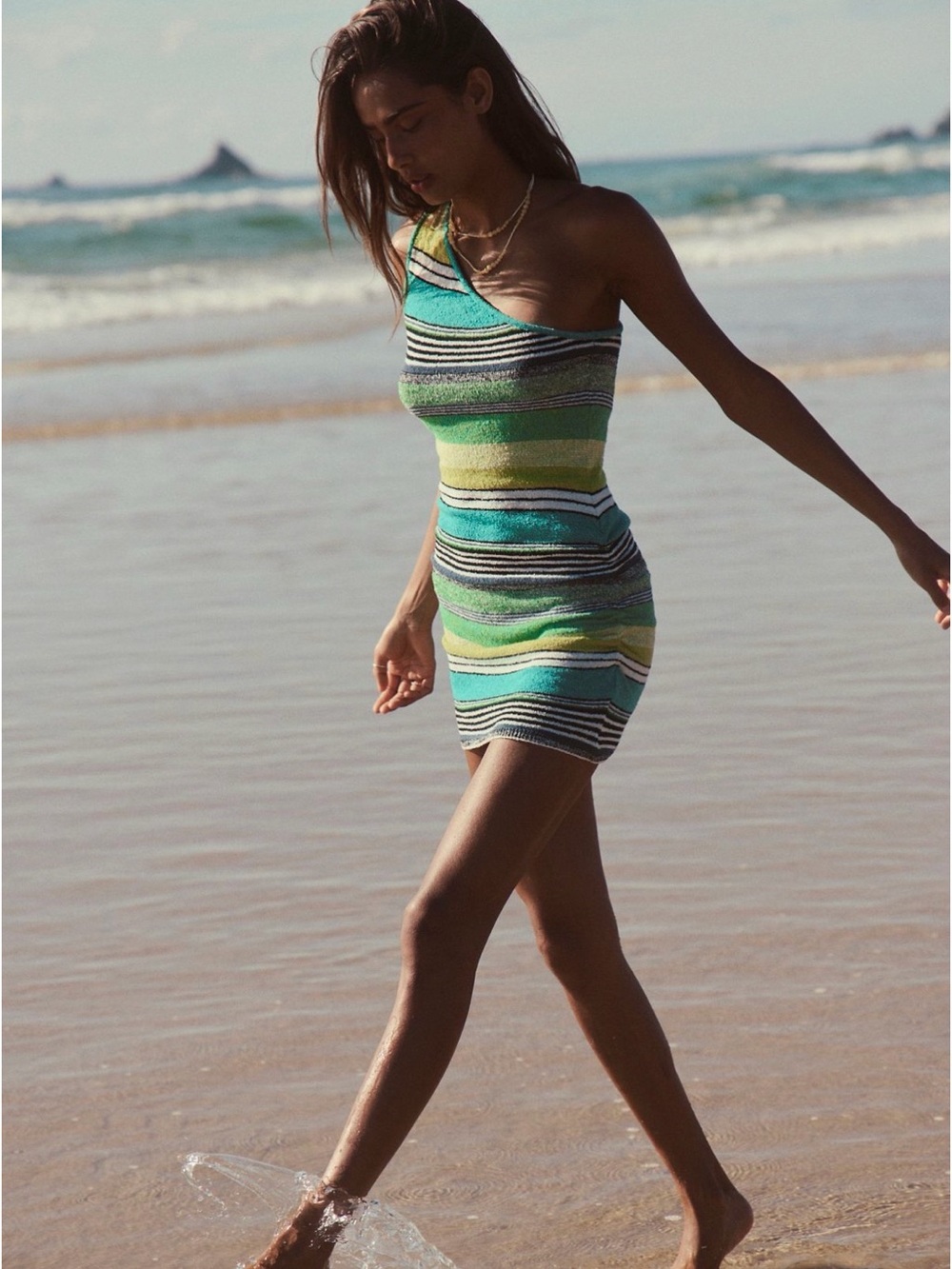NWT Free People Striped Sweater One Shoulder Mini Dress Aqua Green Combo Size M - Picture 5 of 5